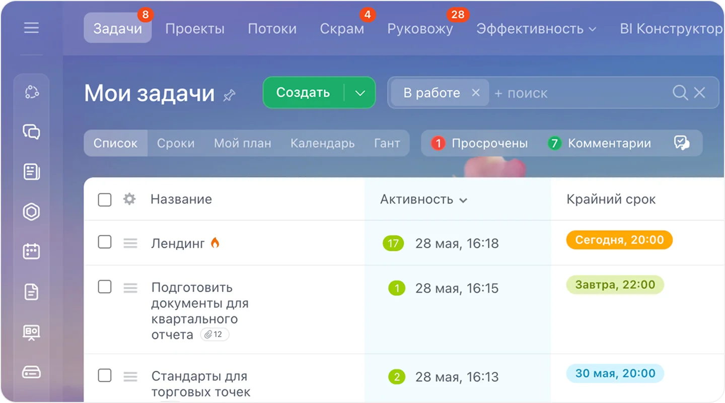 Раздел Мои задачи в Битрикс24 со счётчиками просроченных задач и новых комментариев